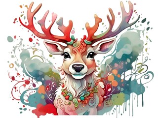 Fototapeta premium Cartoon reindeer background illustration, watercolor.