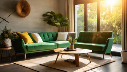 Cozy Living Room with Green Sofa, Sunlit Ambiance, and Relaxing Atmosphere