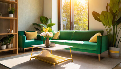Cozy Living Room with Green Sofa, Sunlit Ambiance, and Relaxing Atmosphere