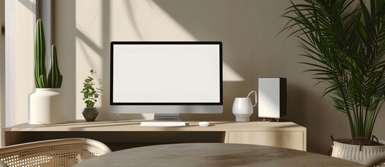 computer with blank screen on wooden table in cafe . Mockup image
