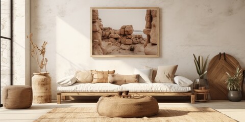 Obraz na płótnie Canvas Boho-themed living room with chic decor and ready-to-use mockup.