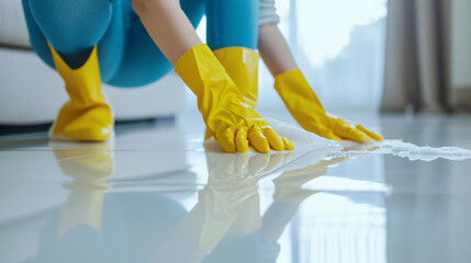 Professional cleaner washing white floor - obrazy, fototapety, plakaty