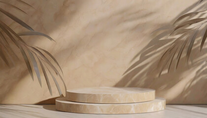 Beige Marble Podium with Palm Leaf Shadow on the Wall. Presentation Background