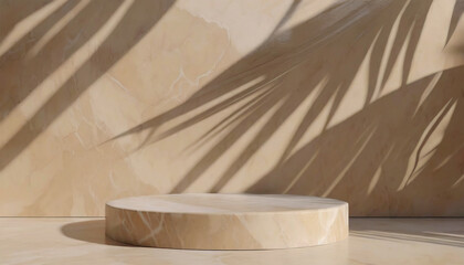 Beige Marble Podium with Palm Leaf Shadow on the Wall. Presentation Background