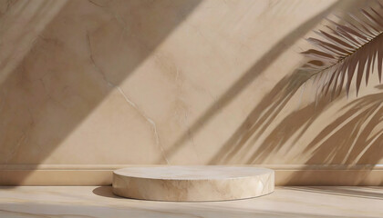 Fototapeta na wymiar Beige Marble Podium with Palm Leaf Shadow on the Wall. Presentation Background