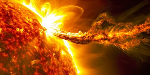 Solar flare arcs, with swirling, fiery loops of orange and red against a dark solar background - obrazy, fototapety, plakaty
