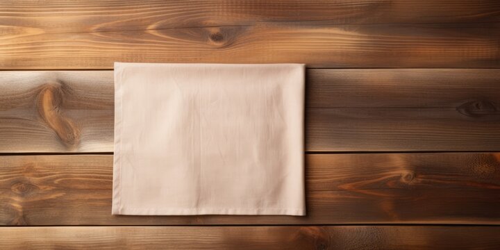 Napkin mockup on wooden table, with space for text, cloth banner, dishcloth mockup, wood background flat lay.
