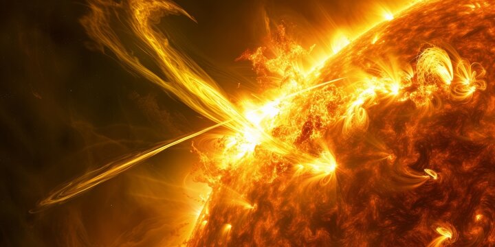 Solar flare arcs, with swirling, fiery loops of orange and red against a dark solar background