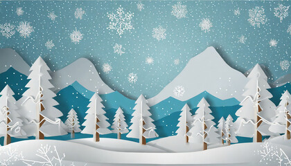 Merry Christmas Greetings with a Snowy Forest: Winter Pines and Mountain Landscape in Vector Illustration