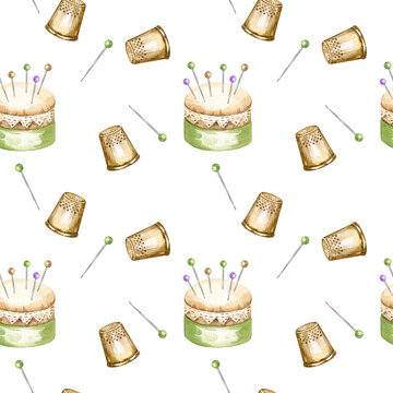 recommend clip art: watercolor seamless pattern with needlework tools, embroidery accessories, pincushion, pins, thimble, hand drawn sketch of handiwork isolated on white background