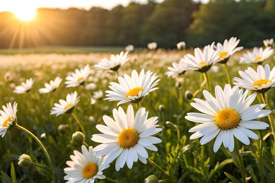 daisy flowers in fields as sunset