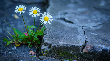 Daisies blooming in an urban concrete crevice.