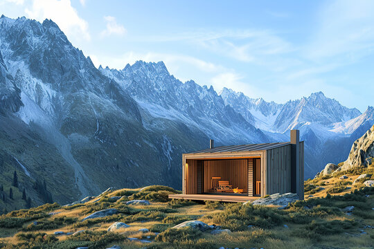 Outdoor sauna nestled in the mountains.