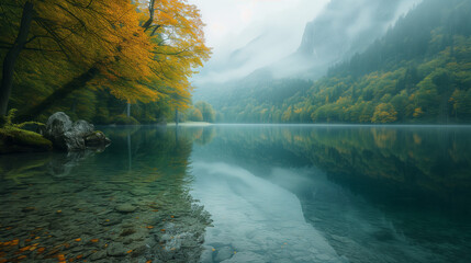 autumn in the mountains, lake in the mountains with fog and clouds