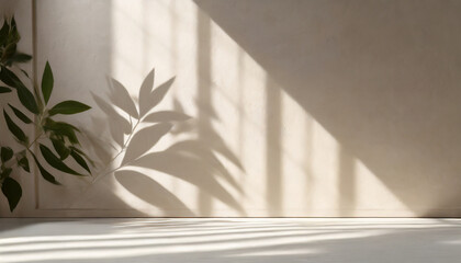 Minimalistic Abstract Soft Light Background for Product Presentation with Delicate Shadows from Tree Branches on Wall