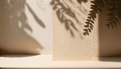 Minimalistic Abstract Soft Beige Background with Subtle Window Shadows and Plant Accents for Product Display
