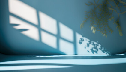 Minimalistic Abstract Soft Blue Background with Subtle Window Shadows and Plant Accents for Product Display