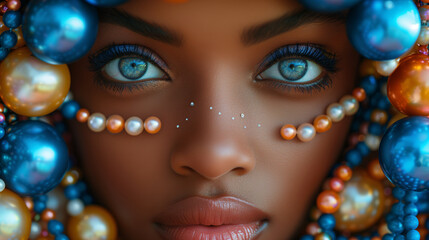 Captivating image a close up woman's face decorated with shell and pearls. Surrealistic artwork. The intricate details, and utilize soft lighting. The magical and dreamlike ambiance.