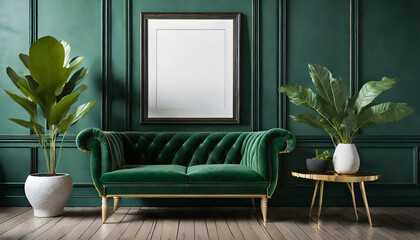 Mockup of a Picture Frame in a Dark Green Room Interior with a Green Velvet Sofa, Realistic Background with a Potted Plant on a Small Table