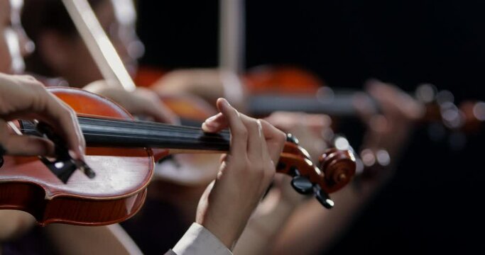 Close-up of the hands of a musician playing a classical violin. Violinists play at a concert