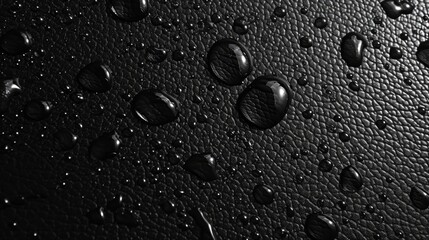Glistening water drops on a sleek black leather surface create a stunning contrast, Ai Generated.