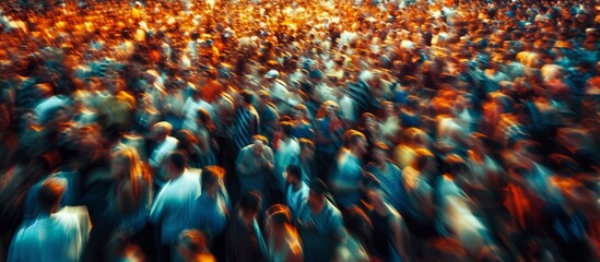 Blurred motion in panoramic photo of huge crowd - obrazy, fototapety, plakaty