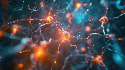 Explore the intricate neural communication through this depiction of active nerve cells and the electrical activity of neuron cells, Ai Generated.