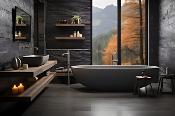 minimalist bathroom interior design in black, light gray and white with furniture