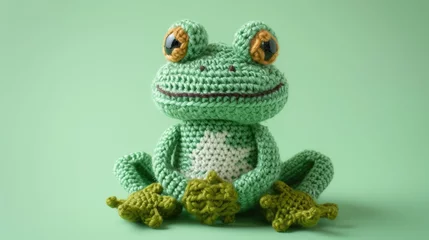  Crocheted frog toy vibrant backdrop, handcrafted and adorable, Ai Generated © Crazy Juke