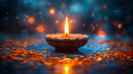 Close-up of a lit diya with vibrant blue background and bokeh effect,AI generated