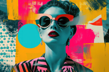 A woman in vibrant, retro-futuristic sunglasses poses against a colorful abstract pop art background