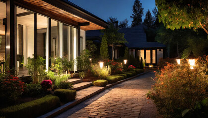 Contemporary Landscape Design: Illuminated Pathway Enhances Front Yard of Residential Property with Artfully Highlighted Flowers and Plants