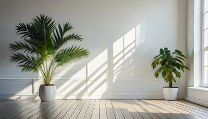 Mockup of a Contemporary Interior. Bright, Empty Space Featuring White Walls, Wooden Floors, and a Green Potted Plant. Sunlight Streaming In through the Window into the Unoccupied Room