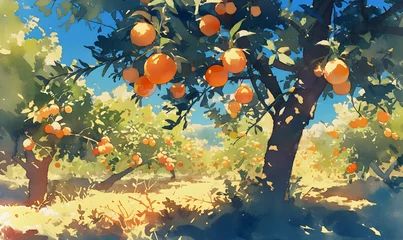Foto op Canvas Watercolor, orange grove with lots of oranges growing on the trees , Generative AI © simba kim