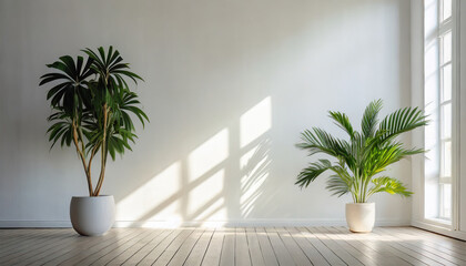 Mockup of a Contemporary Interior. Bright, Empty Space Featuring White Walls, Wooden Floors, and a Green Potted Plant. Sunlight Streaming In through the Window into the Unoccupied Room