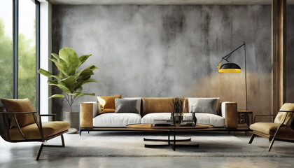 Contemporary Living Room Interior Design with a Background of Concrete Texture Wall