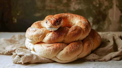 Zelfklevend Fotobehang Unique bread loaf resembling an snake resting on a wooden table, Ai Generated © Crazy Juke