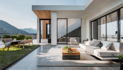 Contemporary Villa Featuring an Open-Plan Living Area and a Private Bedroom Wing with a Cozy Terrace for Relaxation.