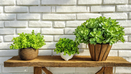 Contemporary White Brick Wall with Shelves and Potted Houseplant. Wooden Decorative Planter on the White Brick Wall