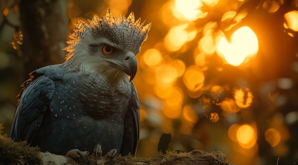 A harpy eagle with a striking crest profiled against the warm glow of a setting sun, AI genertaed