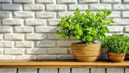Fototapeta na wymiar Contemporary White Brick Wall with Shelves and Potted Houseplant. Wooden Decorative Planter on the White Brick Wall