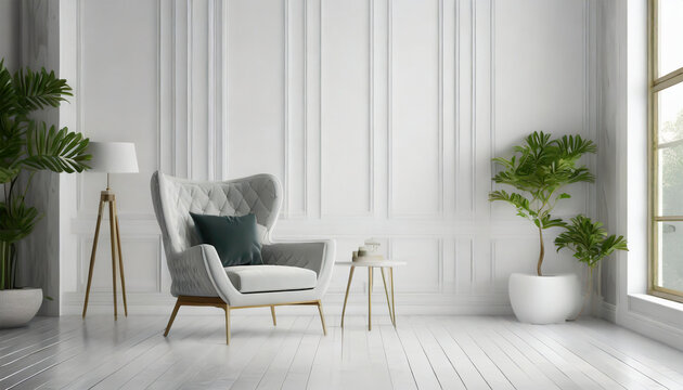 Sleek Minimalist Interior featuring a White Wall and Stylish Armchair