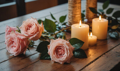 Obraz premium wooden table with roses and some candles, love concept, generative AI