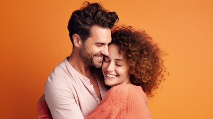 Affectionate couple against a bright, solid-colored background, providing copy space for text or graphics