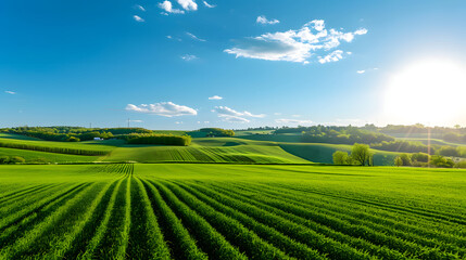 Naklejka premium Beautiful panoramic view of green meadows with blue sky, field.
