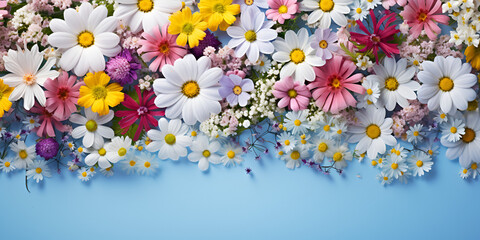 Garden Flowers over Blue Wooden Table Background.