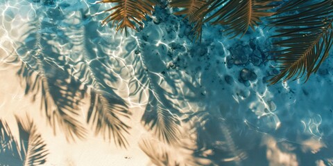 Close-up, top-down perspective, you can witness the captivating interplay of tropical leaves casting intricate shadows on the glistening surface of the water. 