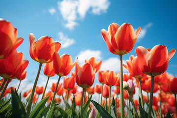 Fototapeta premium Spring tulip flowers blooming during early spring with blue sky in background