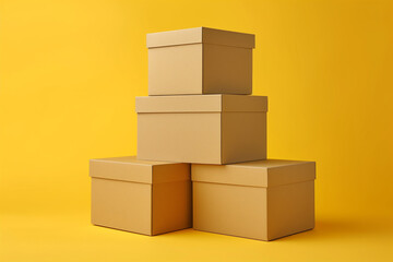 Obraz premium Pile of various size taped up cardboard boxes isolated on yellow background.