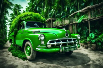 Car On The Road. Green Background. Green World Concept. Harmony in Motion: Green World Car on the Road. Generated AI.